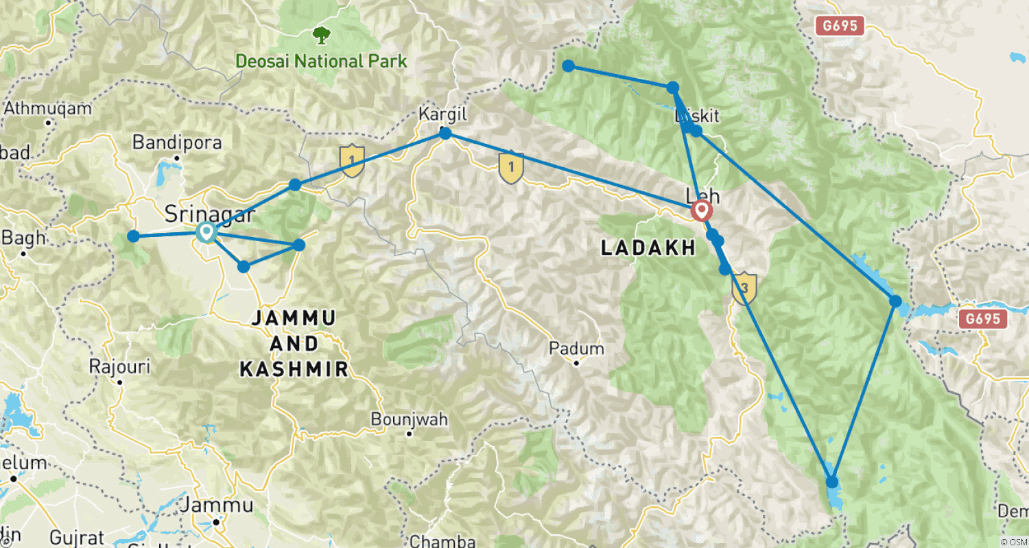 Mapa trasy: Wycieczka z przewodnikiem po Kaszmirze i Ladakhu
