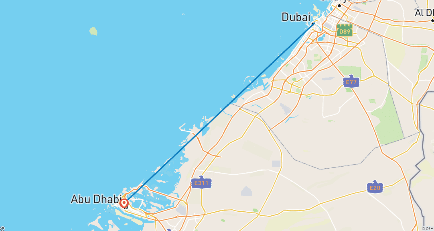 Mapa do percurso de Experimente a magia de Dubai e Abu Dhabi em nosso pacote de viagem de luxo de 8 dias e 7 noites