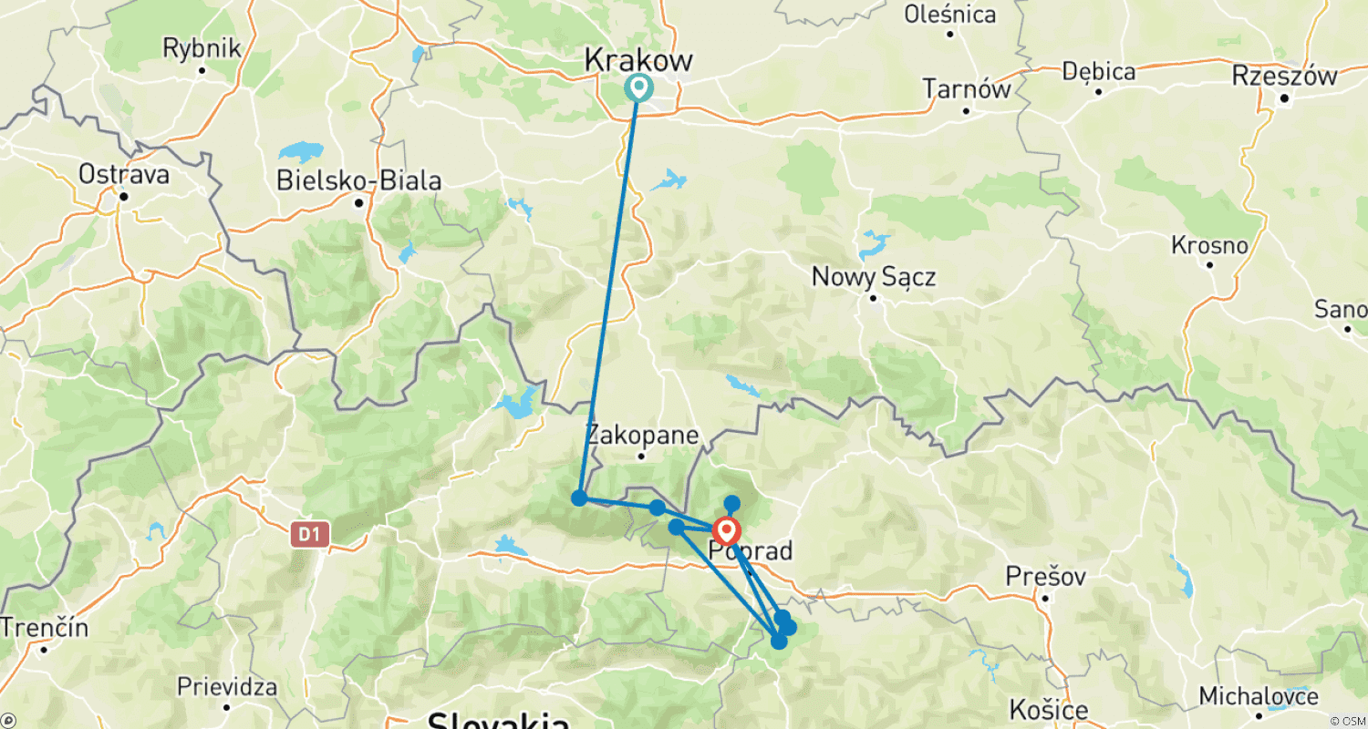 Mapa do percurso de Caminhada pelas Joias dos Tatras e do Paraíso Eslovaco