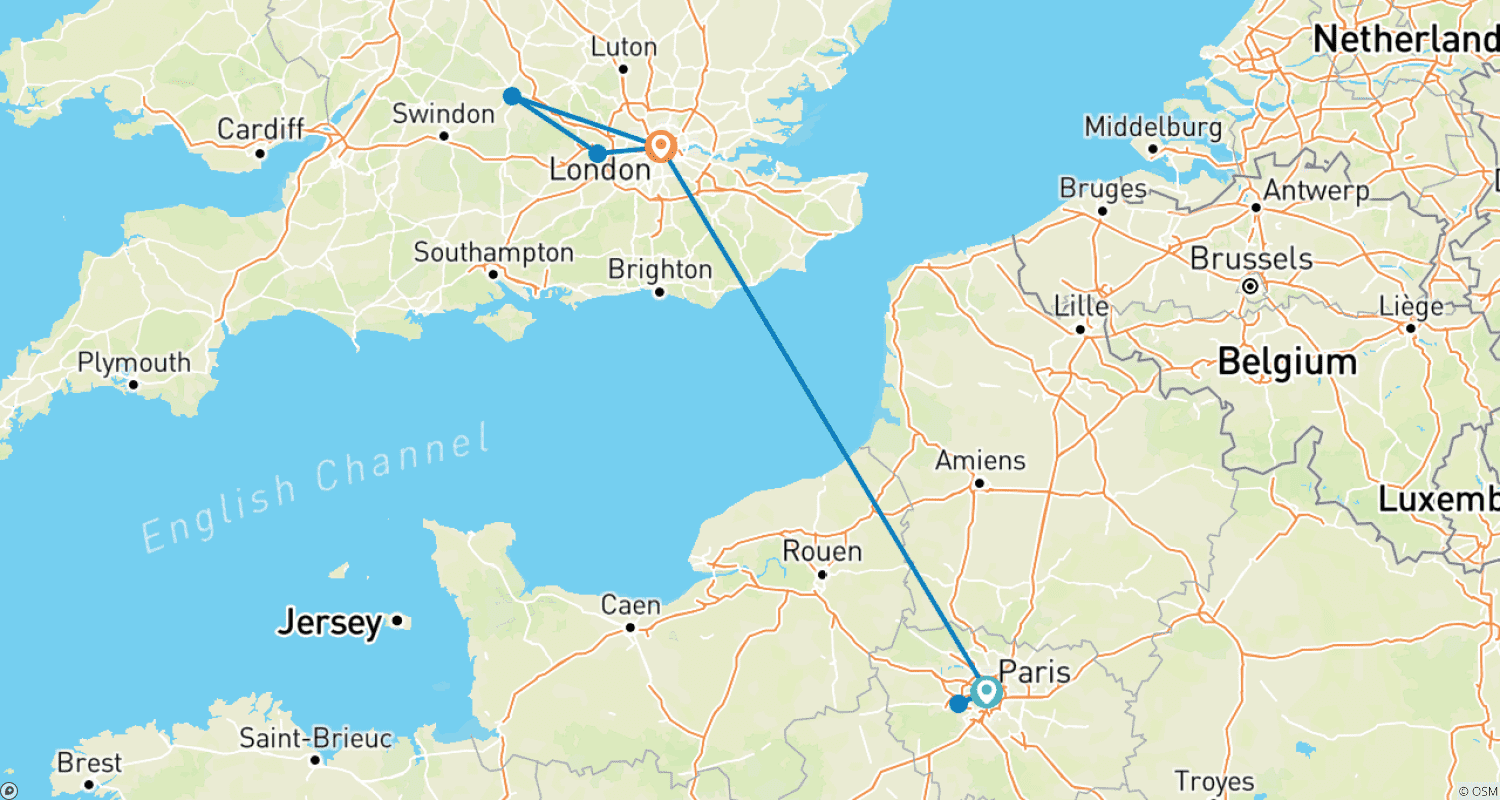 Mapa trasy: A Week Exploring Paris and London