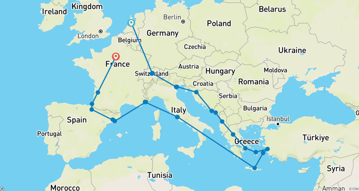 Mapa trasy: Odkrywca Europy (Zakończenie w Paryżu, z 3-dniowym rejsem, kabina B o umiarkowanym standardzie)