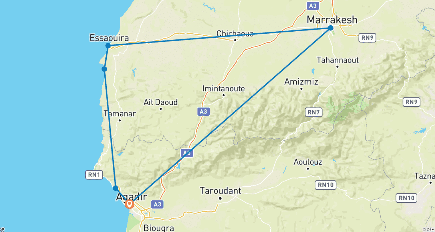 Mapa do percurso de Tour Privado em Marrocos: 7 Dias a Partir de Agadir