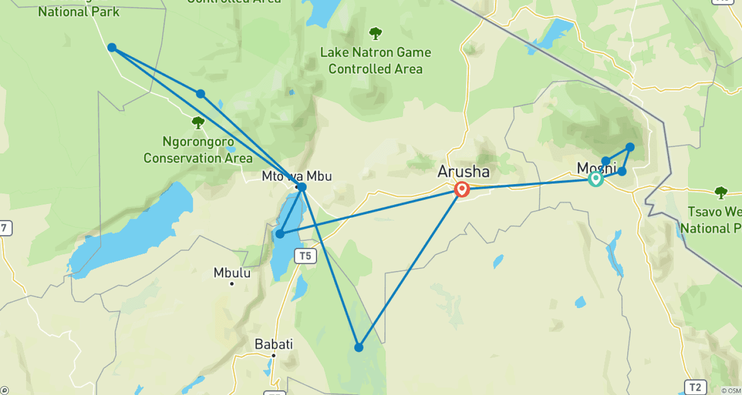 Mapa do percurso de Descubra os Tours de Safári Privados Econômicos de Alto Nível de 10 Dias na Tanzânia, partindo de Moshi