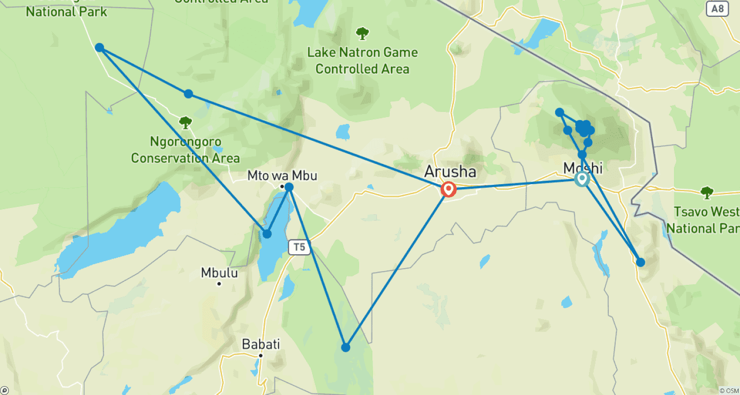 Mapa trasy: 11-dniowa prywatna, budżetowa wędrówka na Kilimandżaro i safari w Tanzanii