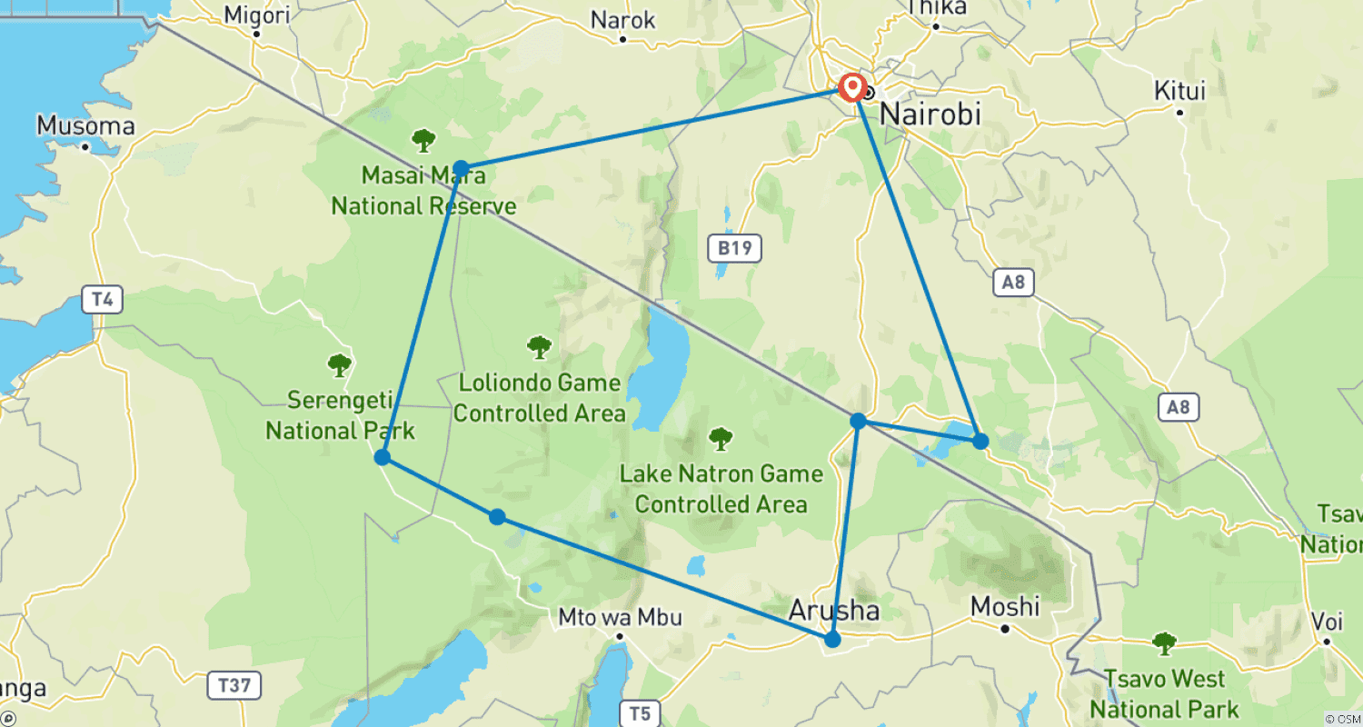Mapa trasy: Odkryj Prywatne Budżetowe 10-dniowe Safari Kenia i Tanzania - Najlepsze Połączone Safari Wschodnioafrykańskie (2026 i 2027)