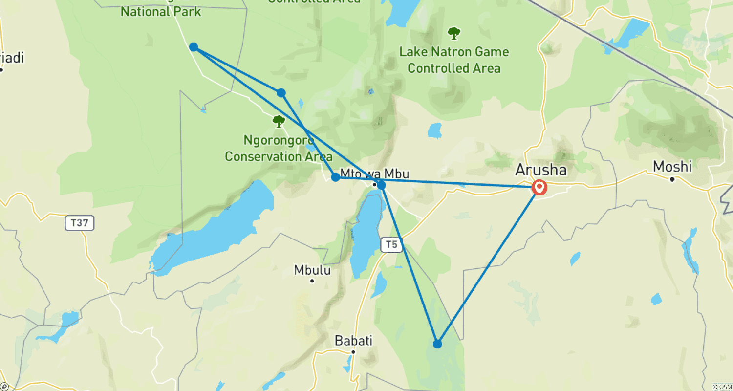 Mapa trasy: Odkryj najlepszą 5-dniową rodzinną wycieczkę po Tanzanii w najbardziej przystępnej cenie