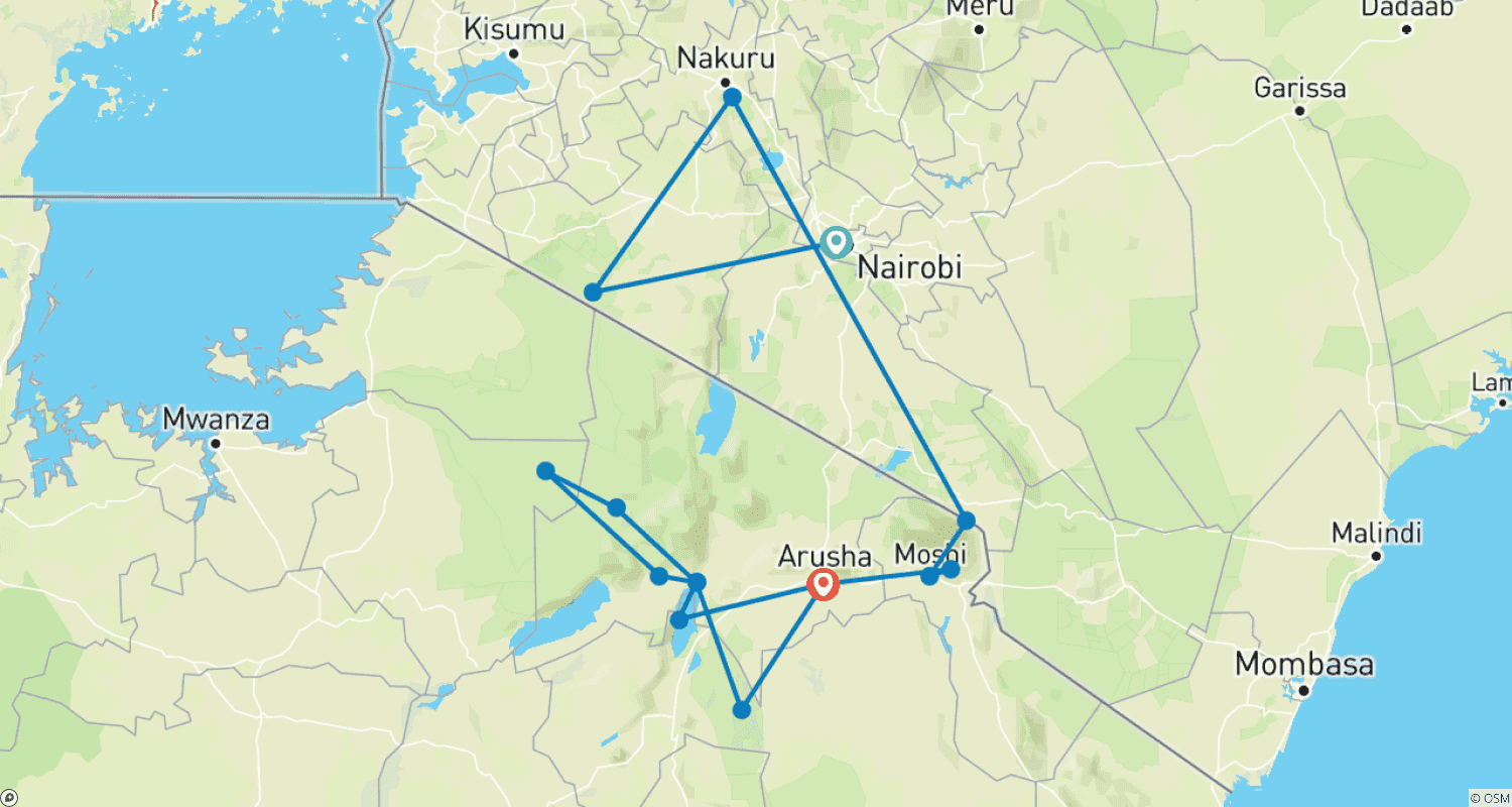 The Top Best 14 Days Africa Safari in Kenya & Tanzania 2025–2026: All-Inclusive African Safari Package of Wildlife, Culture & Adventureのルートマップ