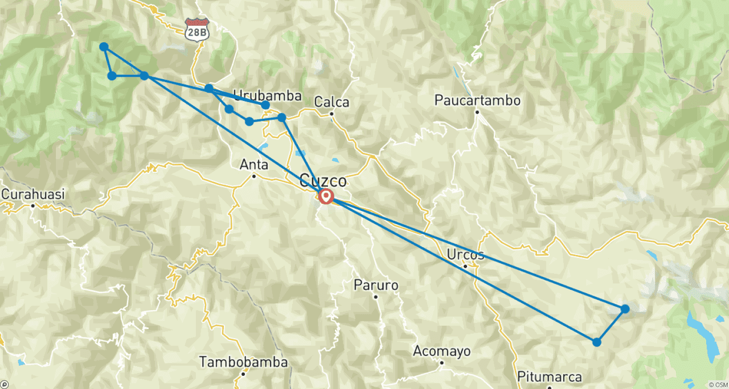 خريطة مسار كوسكو، الوادي المقدس، مسار الإنكا وجبل قوس قزح 6 أيام