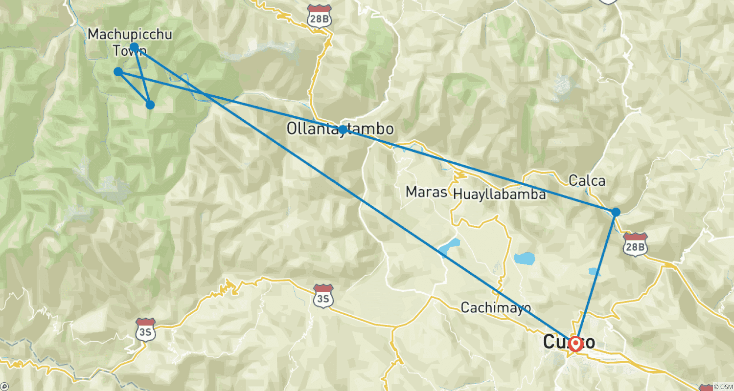 Mapa trasy: Huchuy Qosqo + Krótki Szlak Inków do Machu Picchu 4 dni