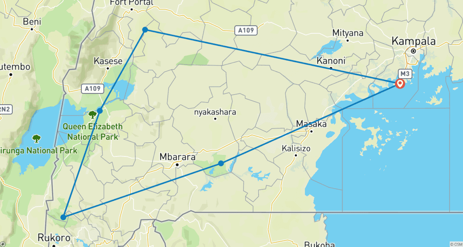 Mapa trasy: Wycieczka obserwacyjna dzikiej przyrody obejmująca trekking z szympansami i gorylami