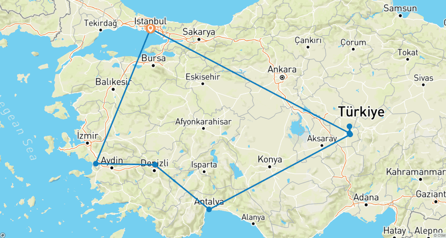 Mapa do percurso de 10 Dias Grande Excursão pela Turquia: Istambul, Capadócia, Éfeso, Pamukkale, Antália