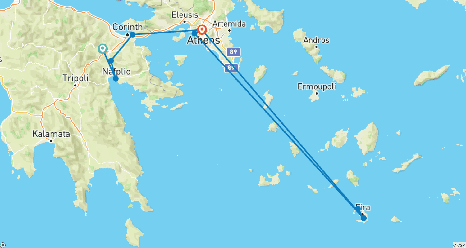 6日間のギリシャワイン&美食ツアー:ネメア、ナフプリオ、サントリーニ島のルートマップ
