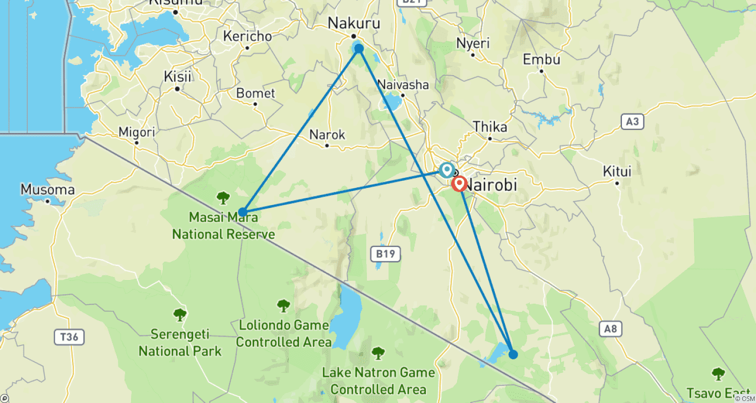 Mapa do percurso de Descubra o Nosso Mais Recente Safari em Grupo de 9 Dias no Quênia: O Pacote de Safari Compartilhado Mais Acessível no Quênia para 2025 e 2026