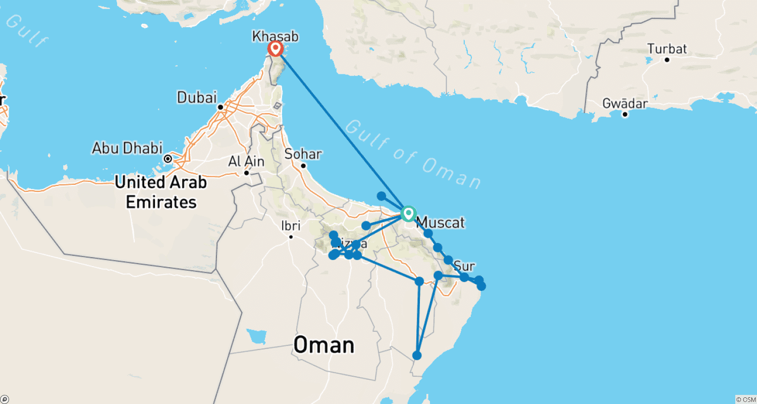 خريطة مسار JEWELS OF OMAN TOUR PACKAGE