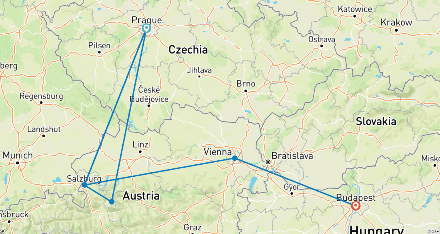 Mapa trasy: Kompletna Europa Wschodnia (Praga, Salzburg, Hallstatt, Wiedeń i Budapeszt)