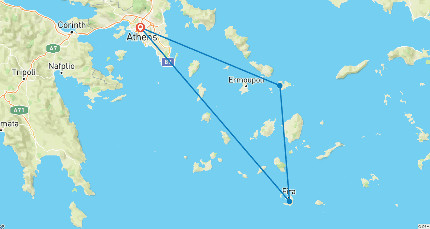 Mapa do percurso de Viagem a Atenas, Mykonos e Santorini - 8 Dias