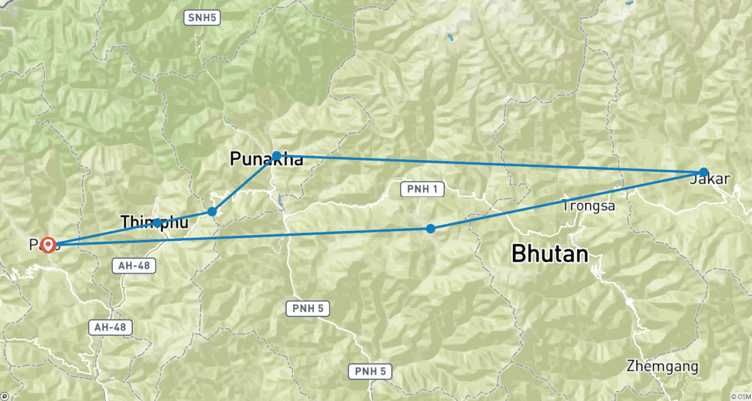 Mapa trasy: Urokliwa podróż do Bhutanu
