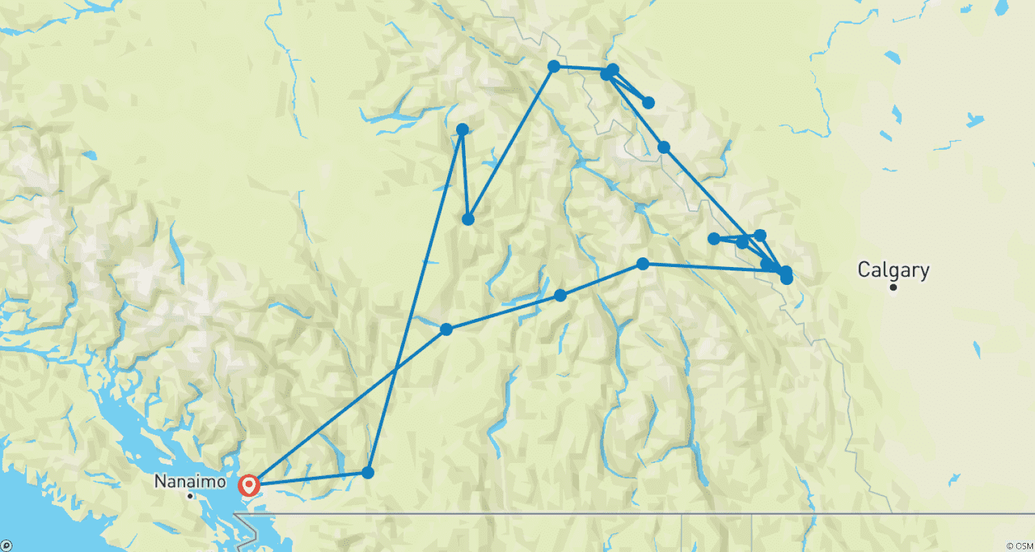 Mapa do percurso de Excursão de 7 Dias pelas Montanhas Rochosas Canadenses com Experiência de Trem Rocky Mountaineer