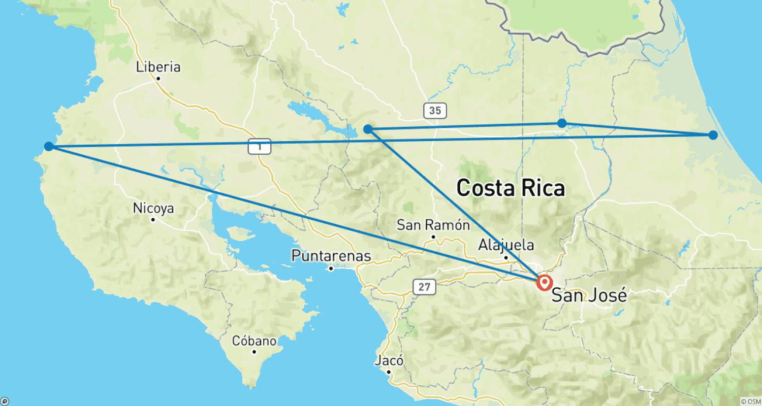 Mapa do percurso de Viagem de Volta à Costa Rica e Relaxamento em Mariposa
