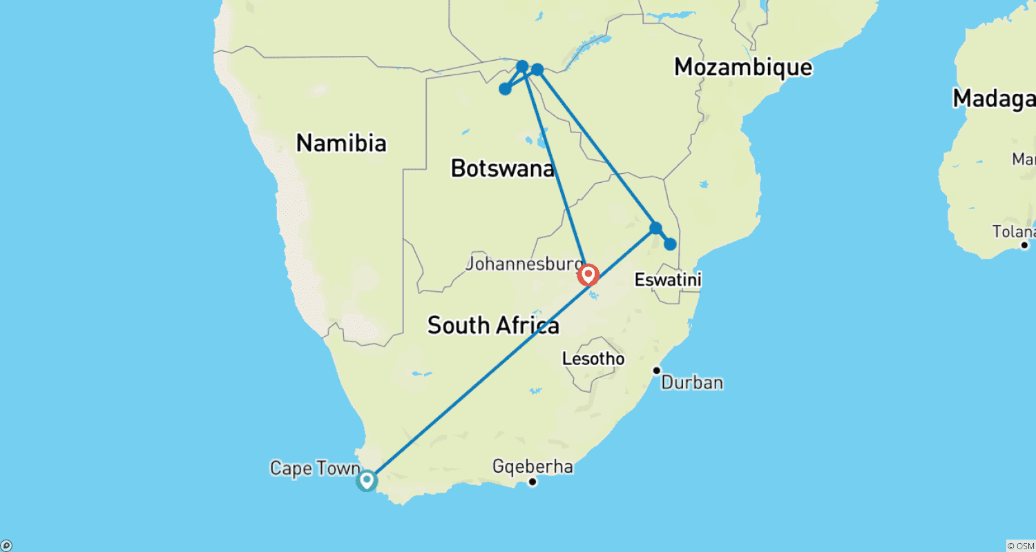 Mapa do percurso de Cidade do Cabo, Kruger, Botsuana e Cataratas Vitória Definitivas - 10 Dias de Expedições de Luxo