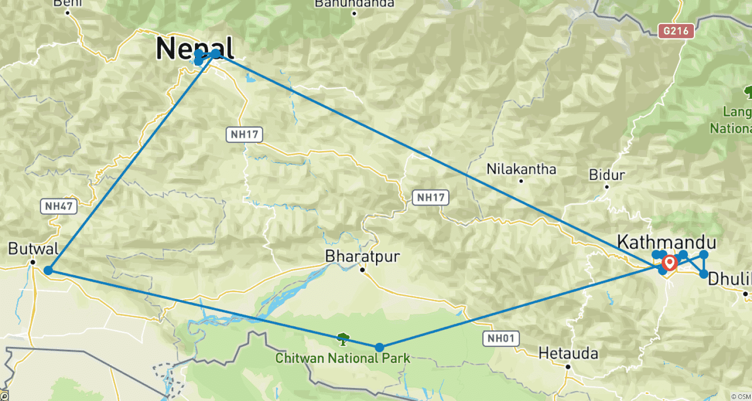 Cultural Tour in Nepal - 11 Daysのルートマップ