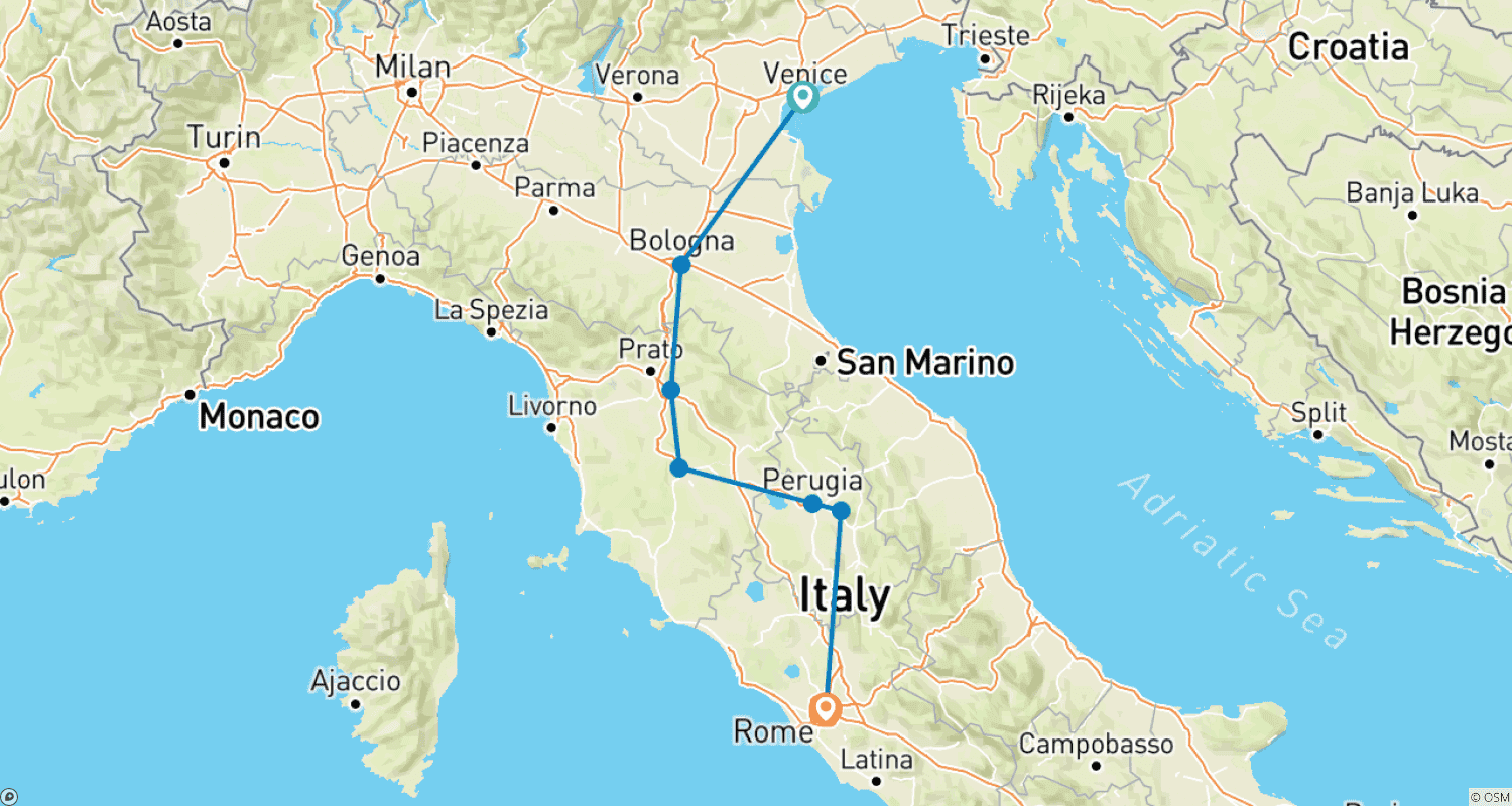 Mapa do percurso de Norte da Itália: Veneza a Roma - 10 Dias (Pequeno Grupo)