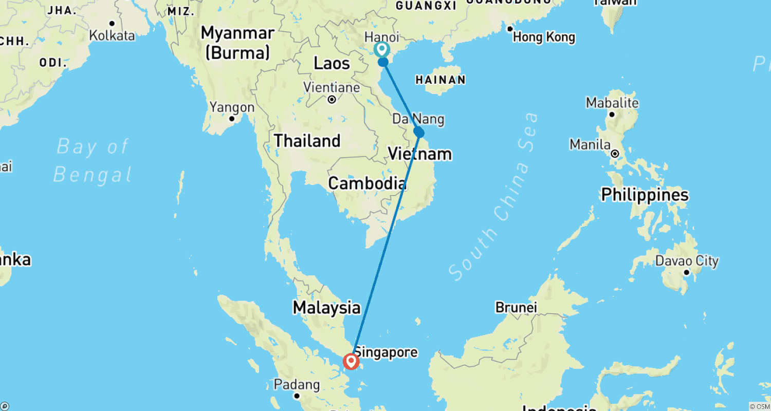 Mapa do percurso de Vietnã e Singapura: Da Montanha do Dragão aos Arranha-céus