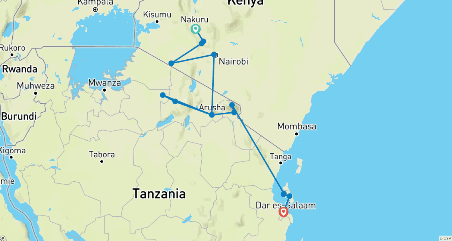 Mapa trasy: Kenia i Tanzania