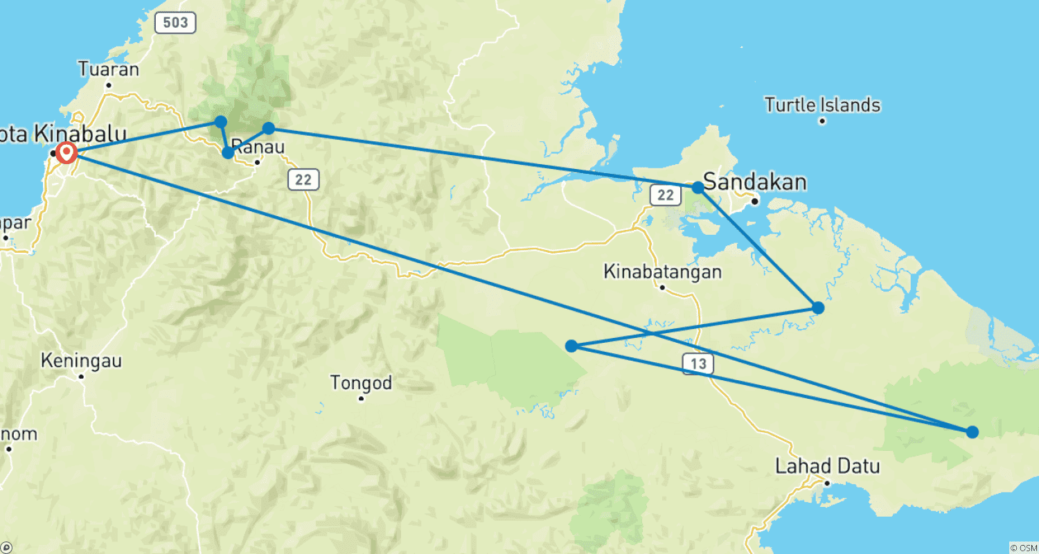 Mapa do percurso de Destaques da Vida Selvagem de Bornéu (Sabah)