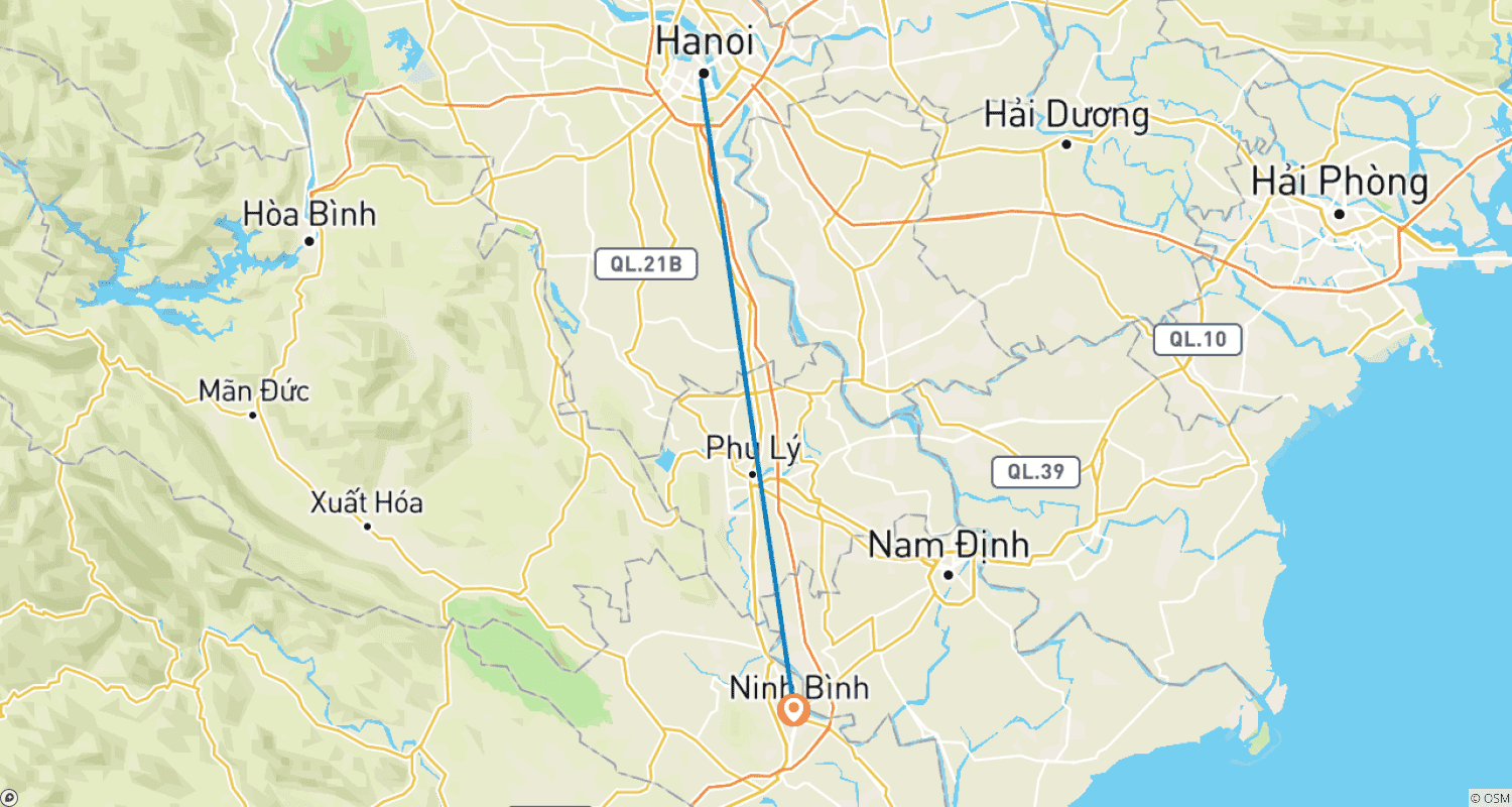 Mapa trasy: Ninh Binh - Hoa Lu - Tam Coc - Jaskinia Mua (Dancing Cave) autobusem Limousine