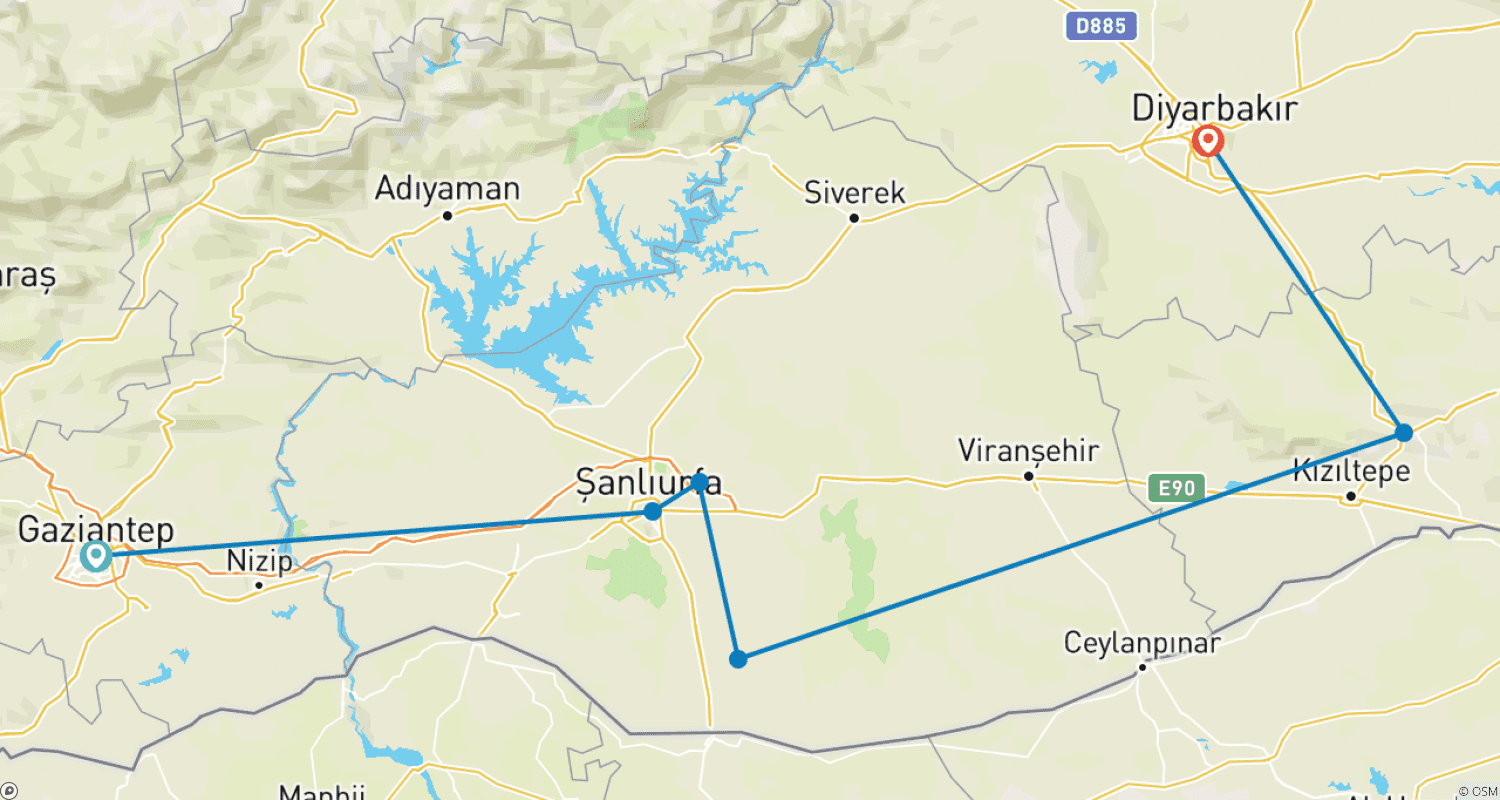 Mapa trasy: MAGICZNA MEZOPOTAMIA Göbeklitepe Antep Mardin Diyarbakır Şanlıurfa wycieczka grupowa