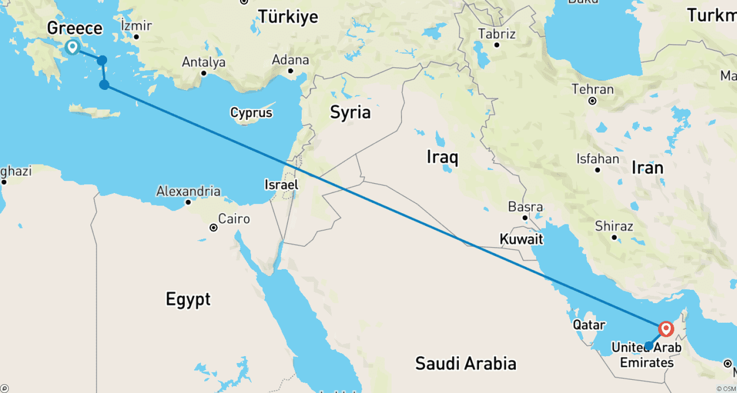 خريطة مسار 11 Days Athens , Greek Islands & Unique Dubai.