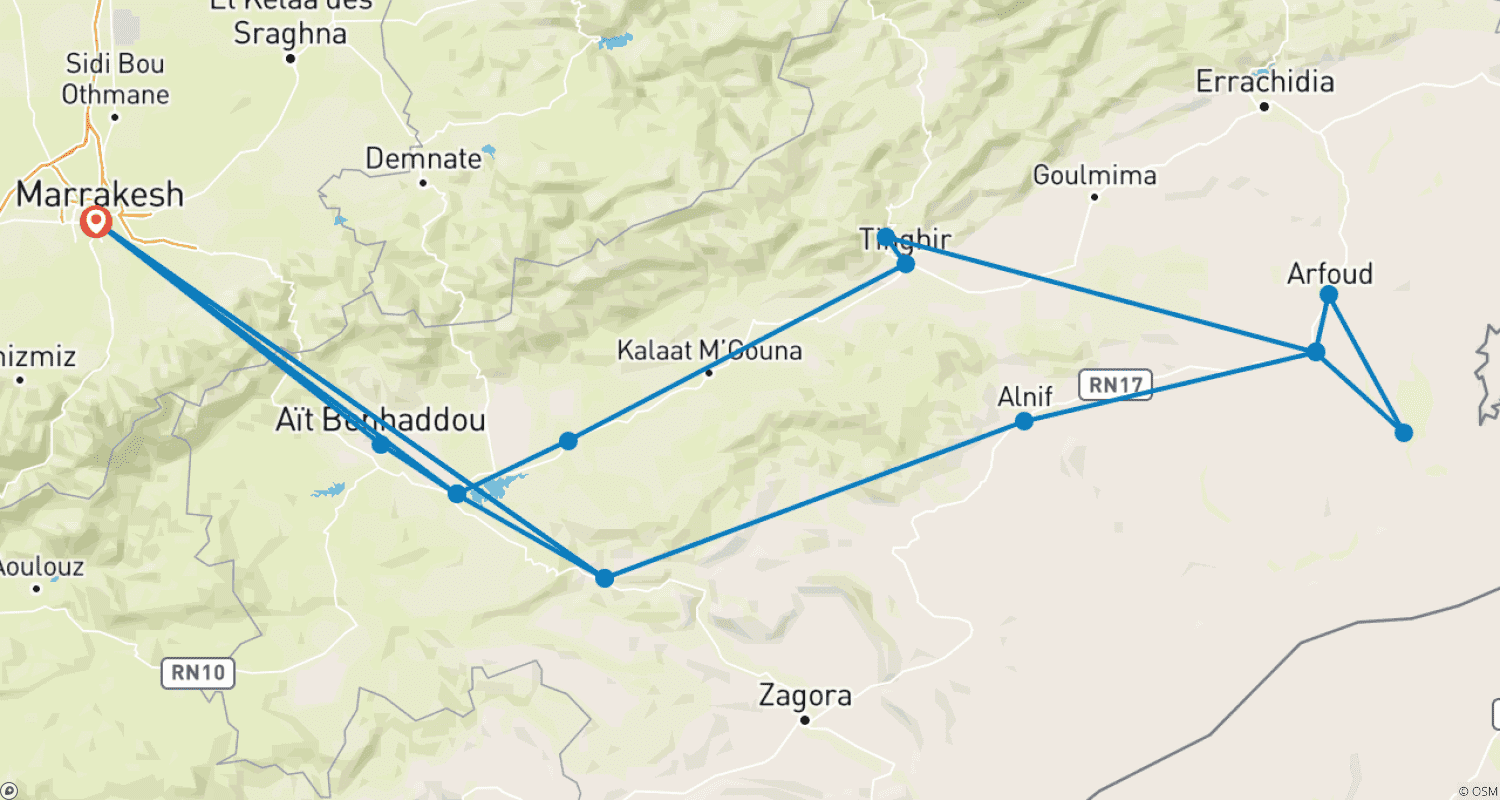 The Taste of Morocco: 4 Days from Marrakesh-Skoura Palm Oasis-Merzouga and Erg Chebbi dunes back to Marrakeshのルートマップ