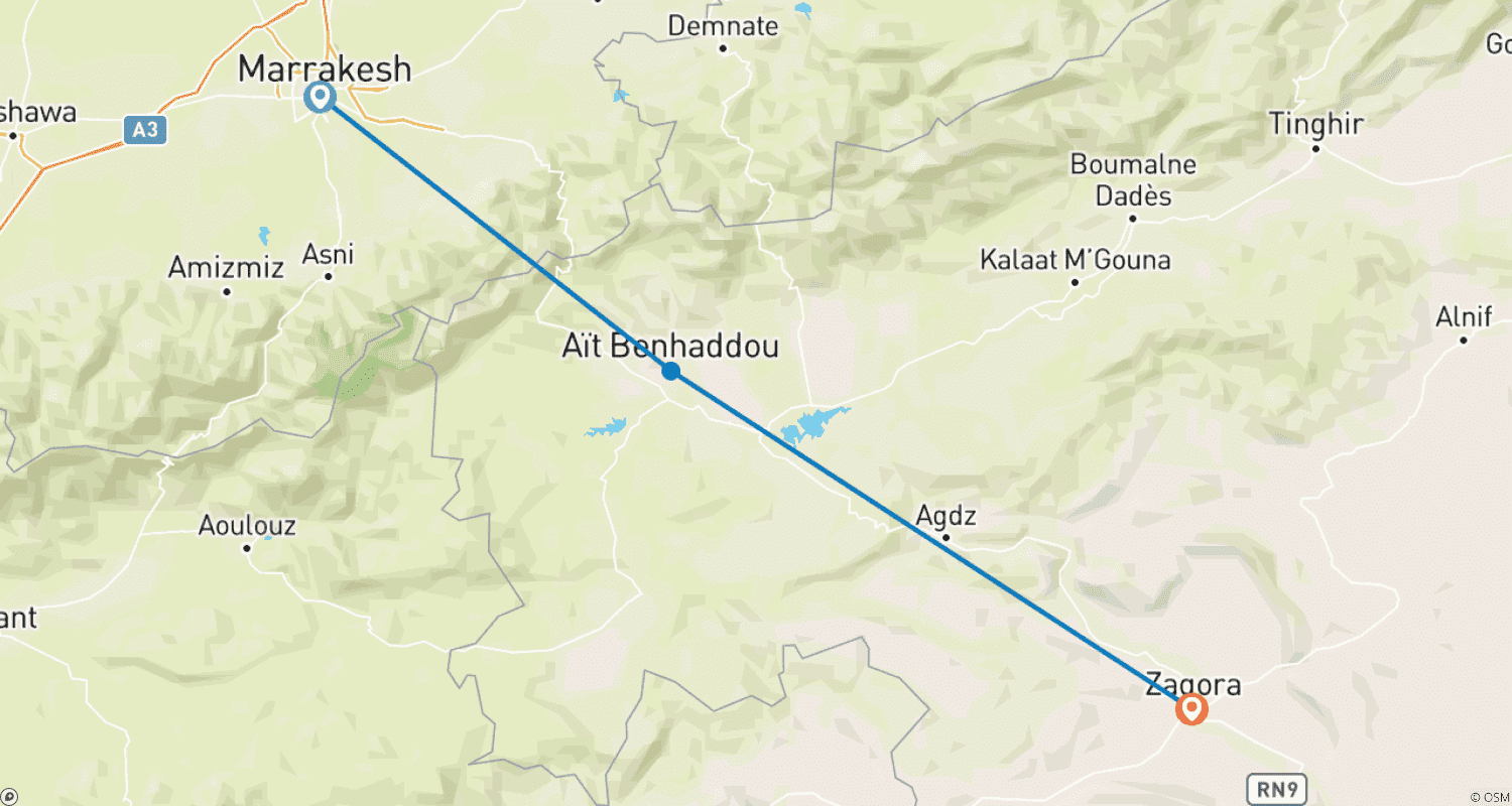 3-Day Desert Adventure Tour from Marrakech to Chegagaのルートマップ