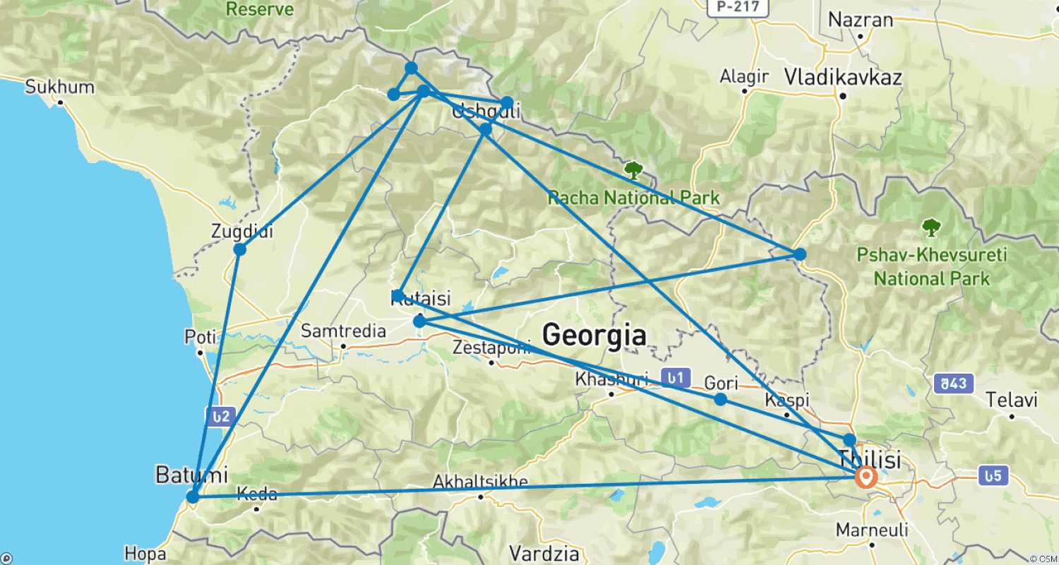 Mapa do percurso de Tour privado por toda a Geórgia: 11 dias das Terras Altas ao Mar