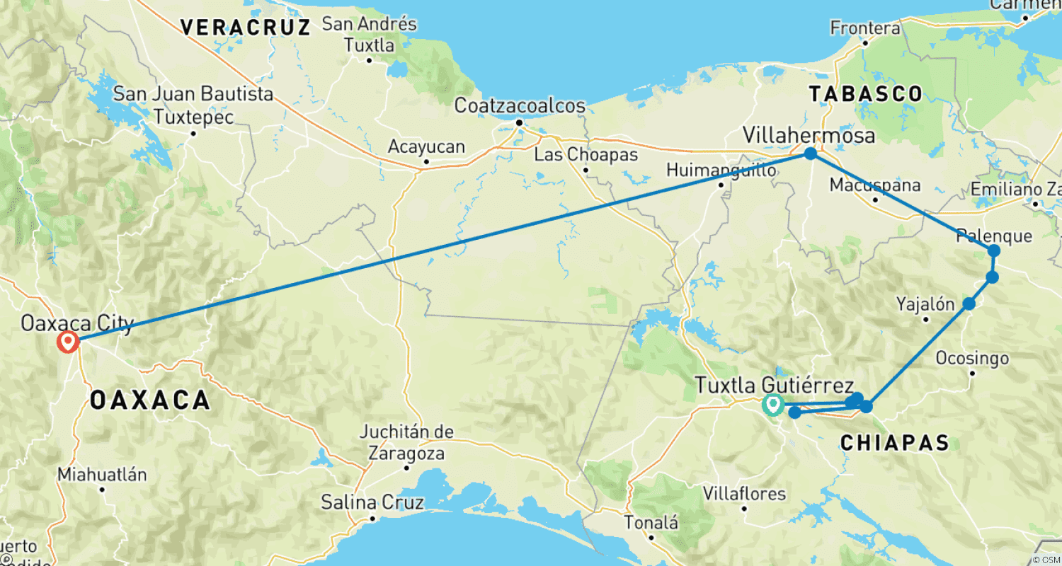 خريطة مسار جولة ثقافية خاصة غامرة لمدة 8 أيام في Chiapas مع رحلات يومية