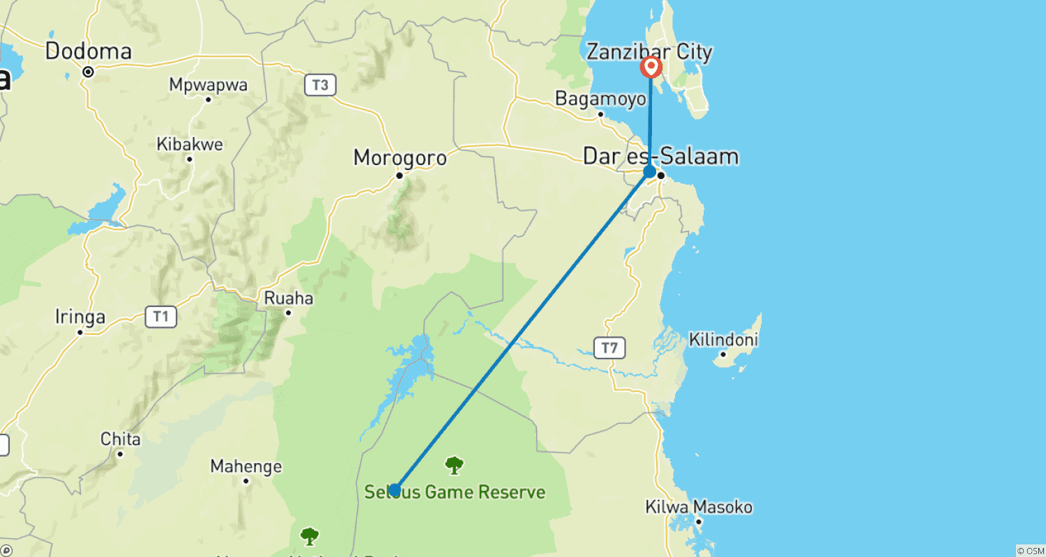 Mapa do percurso de Parque Nacional Nyerere de 1 Dia