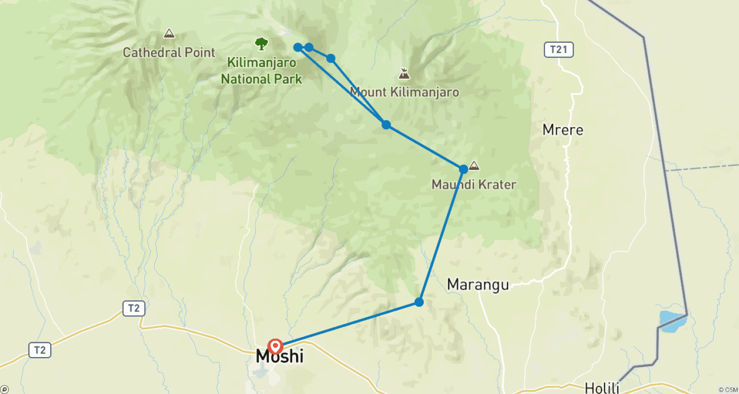 Mapa do percurso de 6 Days Mount Kilimanjaro Trekking Marangu Route.