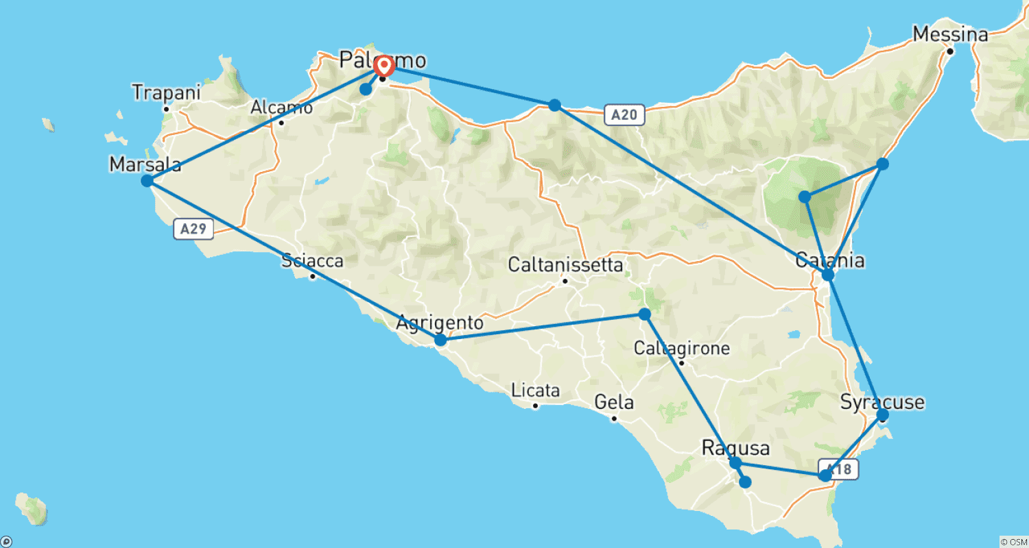 Mapa do percurso de 10 Days Palermo, Etna, Taormina, Agrigento and Syracuse.
