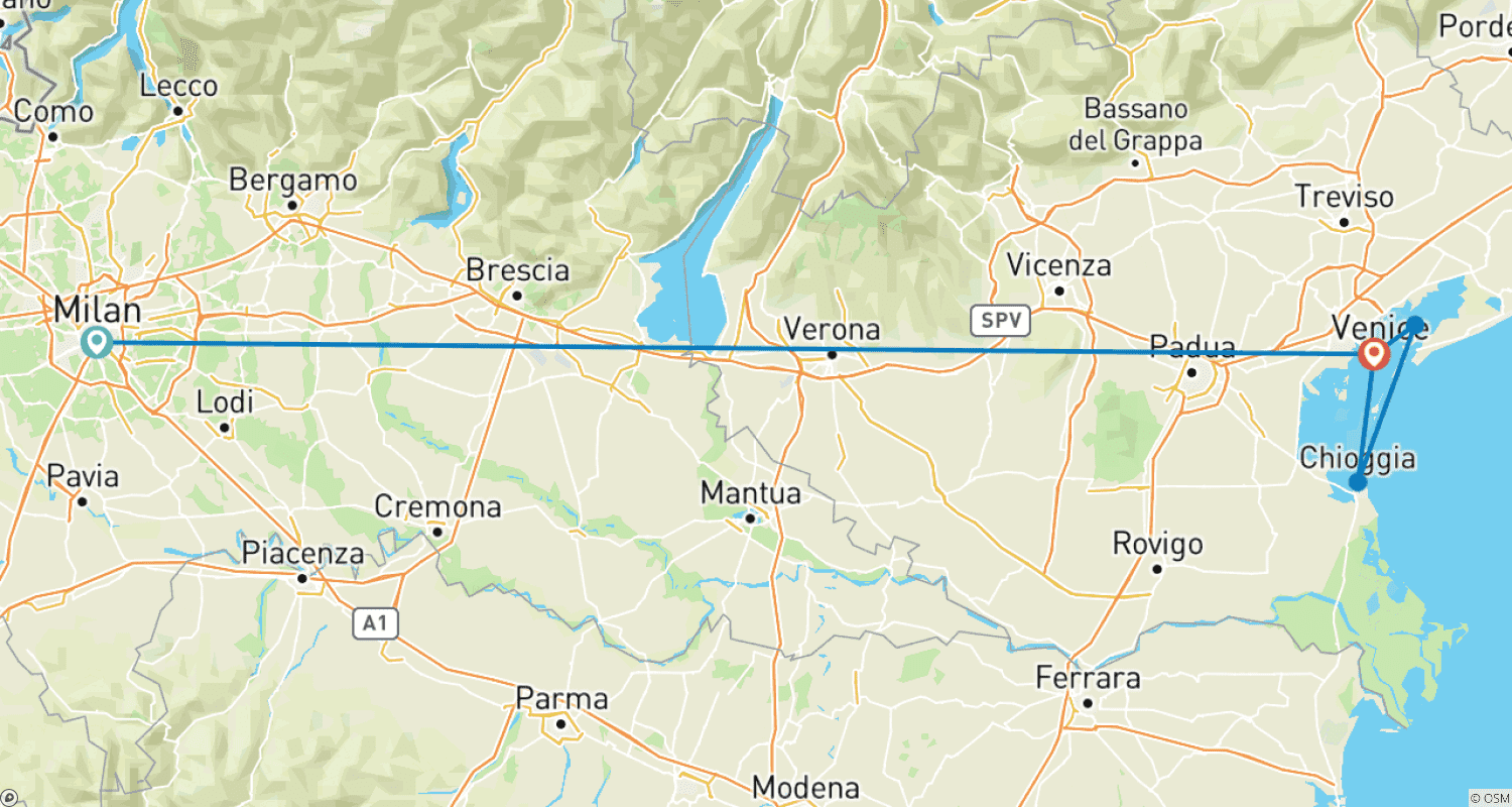 Mapa do percurso de Milão, Veneza e as Joias do Vêneto (2025) (De Milão a Veneza, 2025)