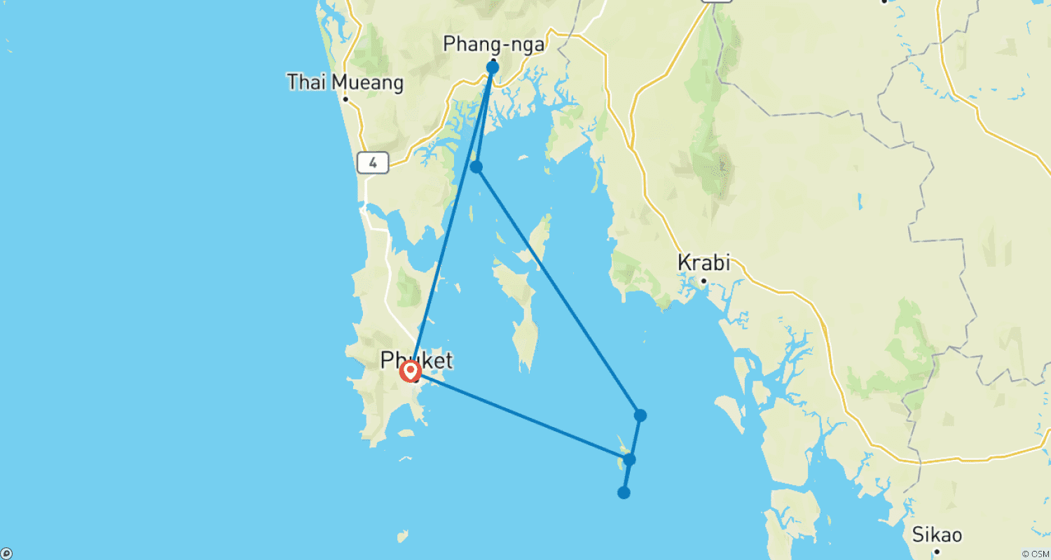 Mapa do percurso de Vela e Yoga na Tailândia