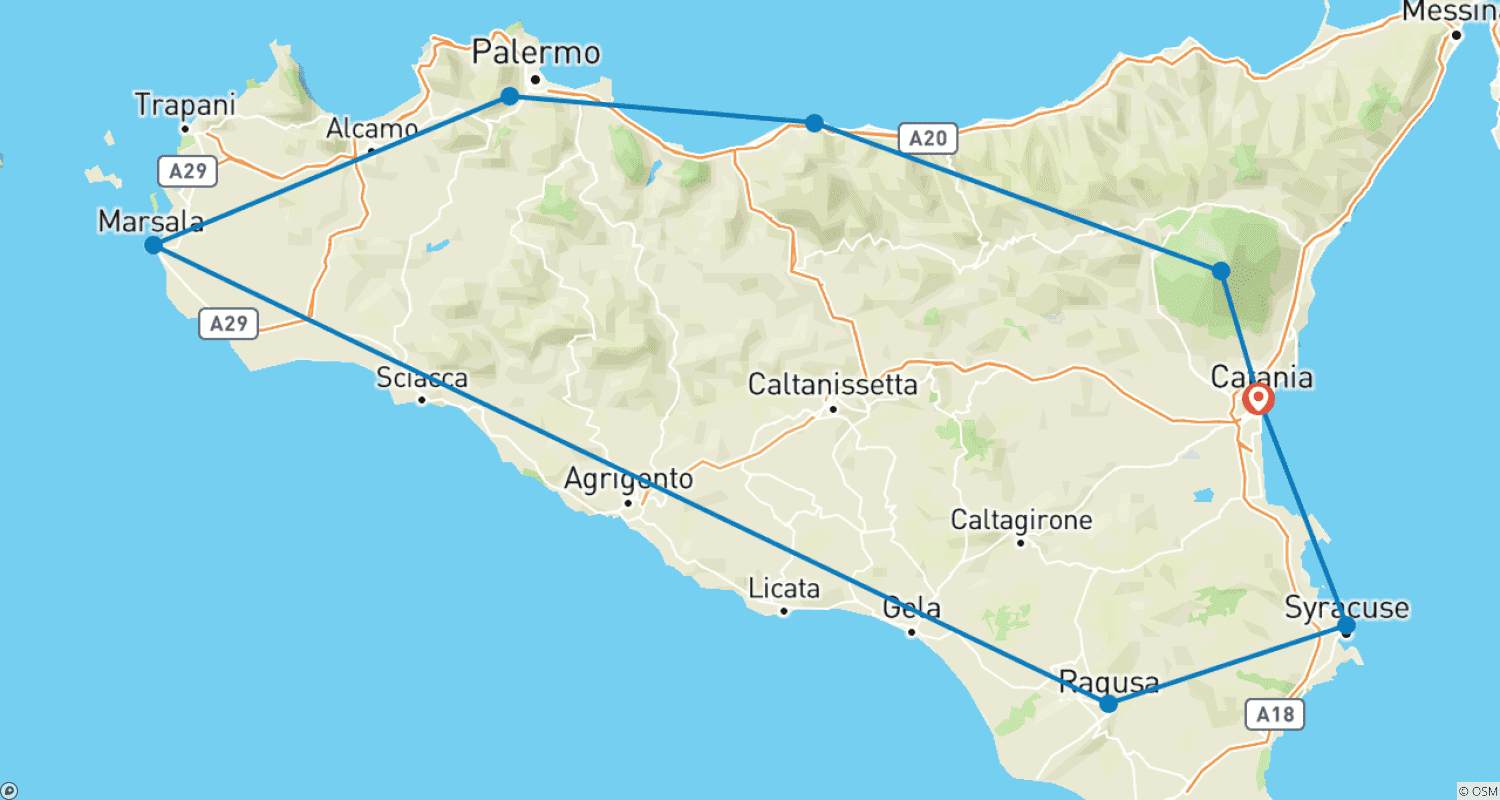 Mapa do percurso de Tour de 8 Dias em Catânia, Siracusa, Etna, Marsala e Palermo.