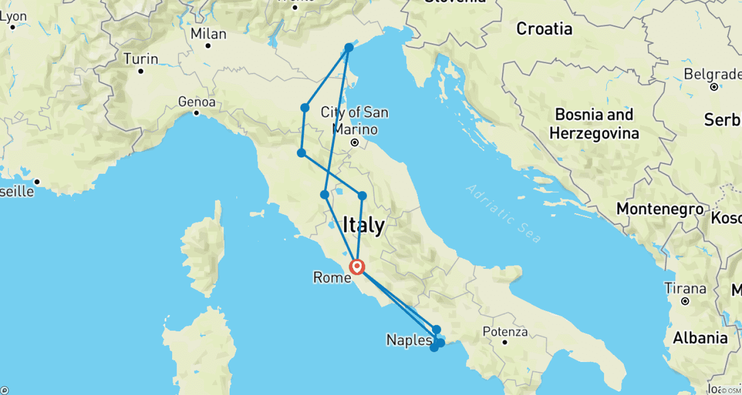 11 Days Tour in Italy from Rome to Capri.のルートマップ