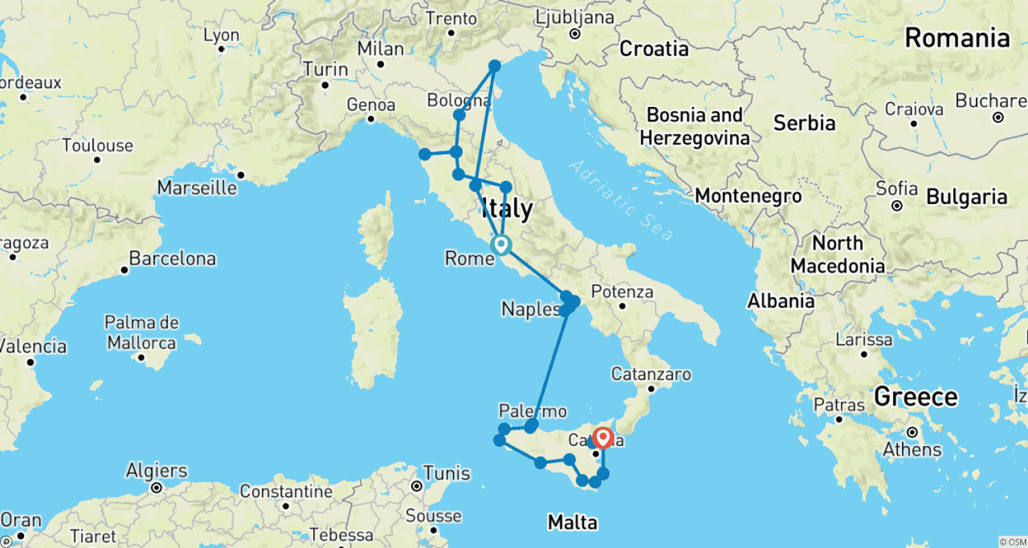 Mapa trasy: 18 Days Unmissable Italy Tour.