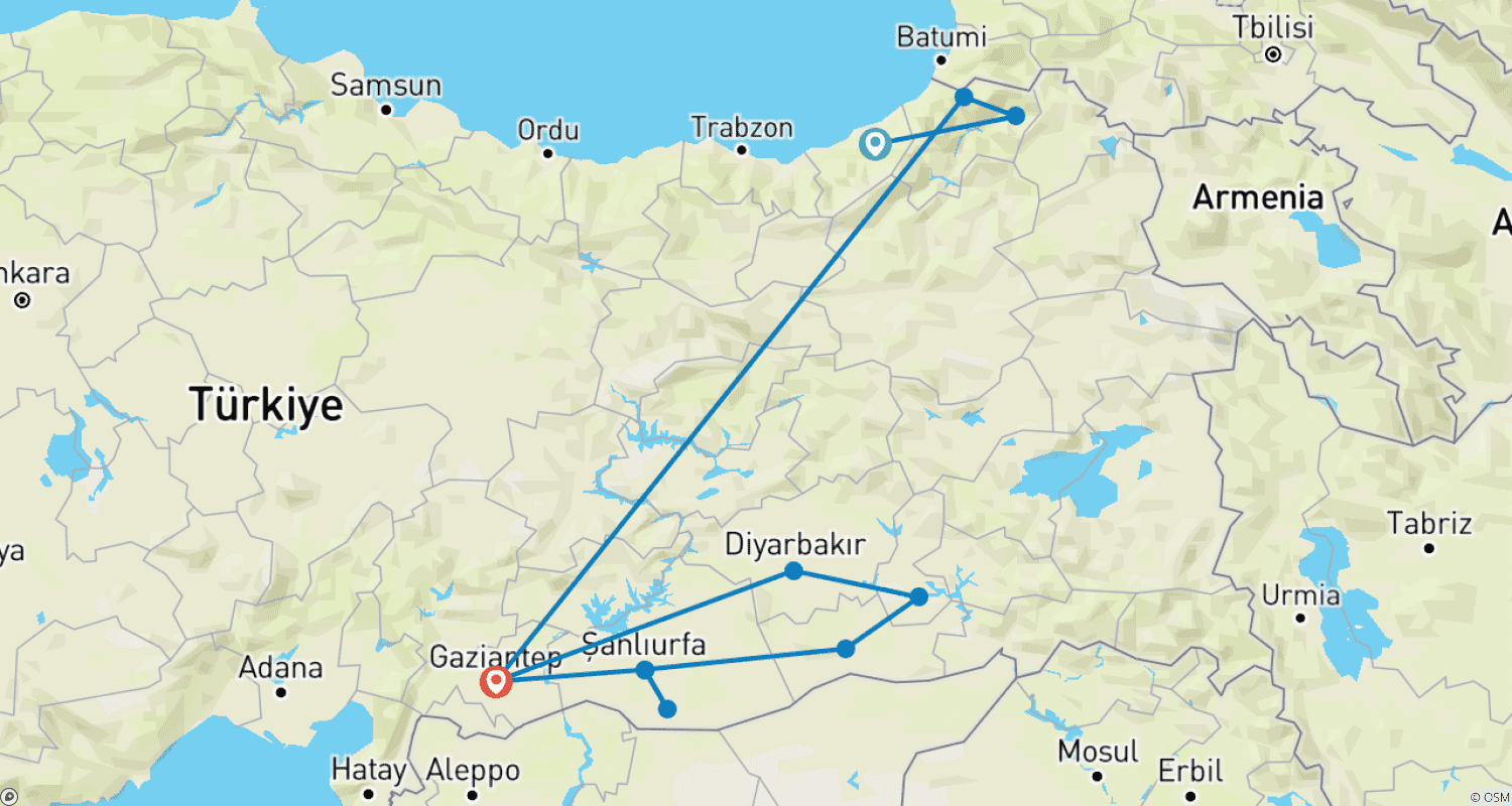 トルコ9日間プライベートツアー:黒海の夢、メソポタミアの魔法 (Rize, Artvin, Mardin, Göbeklitepe)のルートマップ