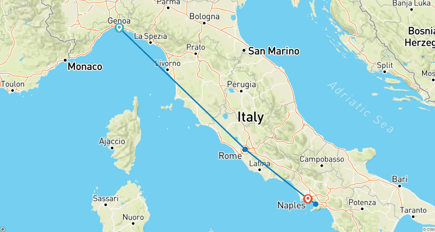 Mapa do percurso de 8 Dias em Roma e Nápoles a partir de Génova.