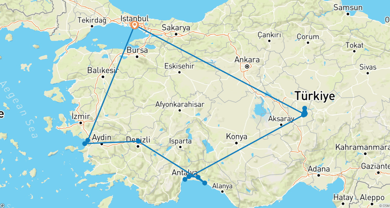 Mapa do percurso de 6 Dias, O Melhor da Capadócia, Antália, Pamukkale, Éfeso (Taxas de entrada em museus incluídas)