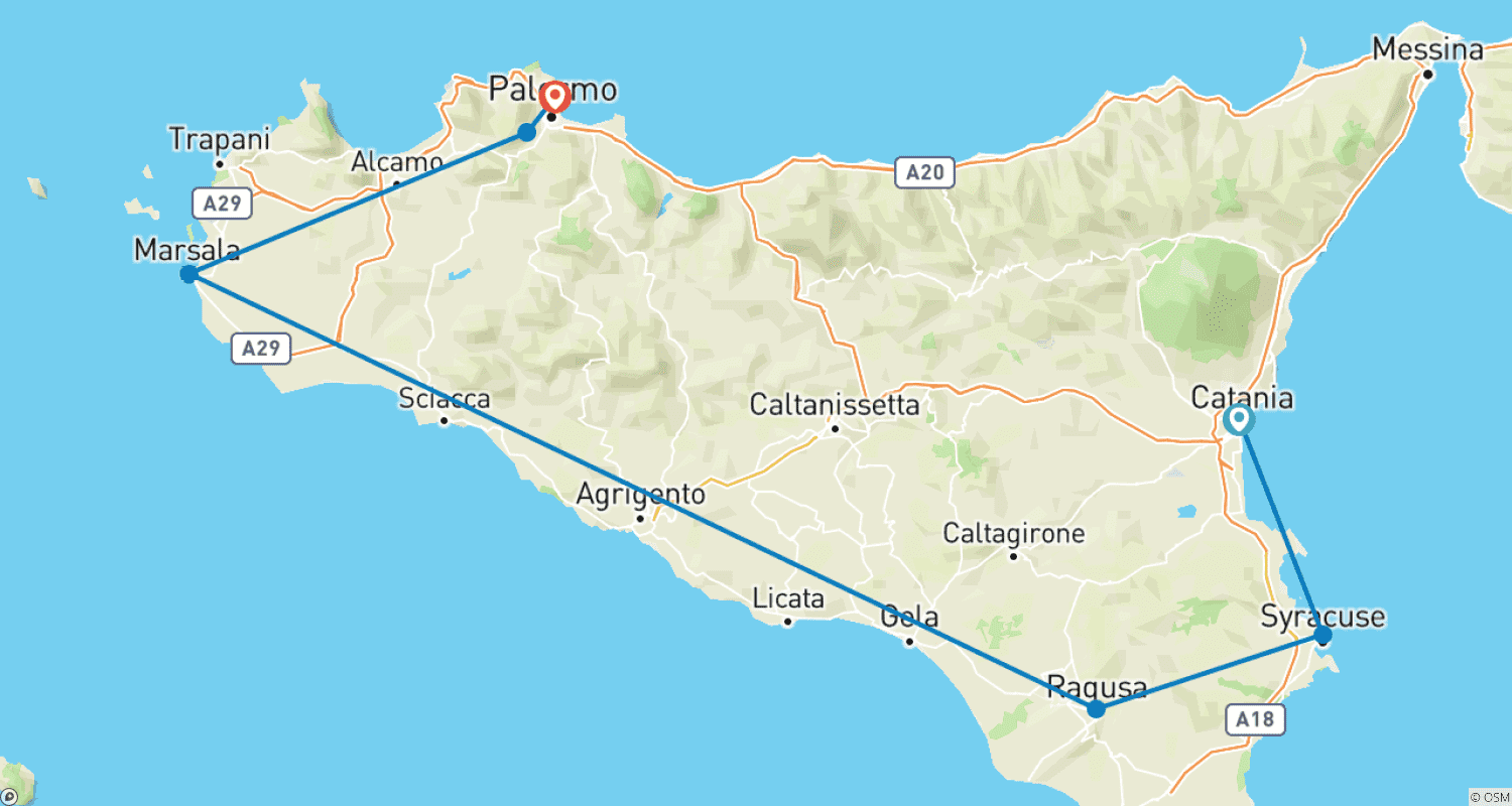 Mapa do percurso de 6 Days Tour in Italy from Catania to Palermo.
