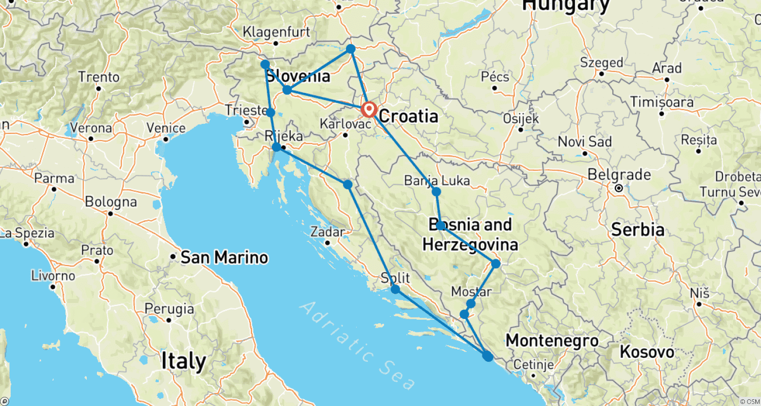 Mapa trasy: 10 dni: Zagrzeb, Sarajewo, Dubrownik, Split, Opatija i Lublana