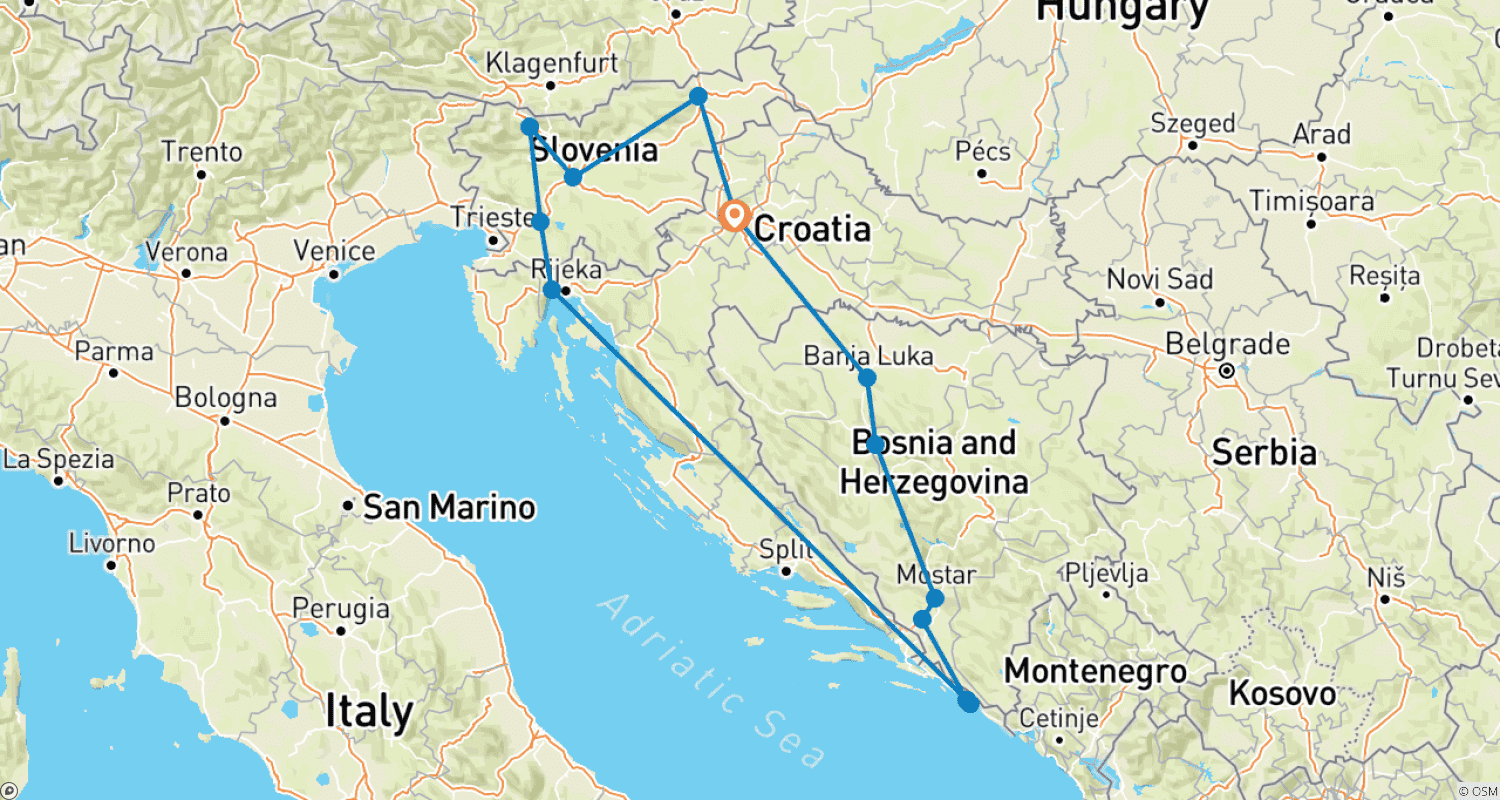 Mapa do percurso de 10 Dias em Zagreb, Sarajevo, Dubrovnik, Split, Opatija e Liubliana.